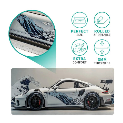 Ukiyoe Style Sports Car Themed Large Gaming Mouse Pad Desk Mat 31.5 By 11.8 Inches With Non Slip Rubber Base For Gamers And PC Enthusiasts