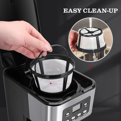 User handling filter of 12 Cup Programmable Coffee Maker With LCD Display Brew Regular Or Strong Like A Pro For Home And Office Glass Carafe Pause And Serve Auto Shut Off Black And Stainless Steel
