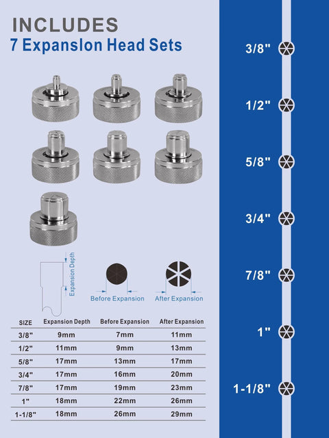 AMZCNC hydraulic tube expander kit with seven chrome expander heads for 3/8 to 1-1/8 inch copper pipes