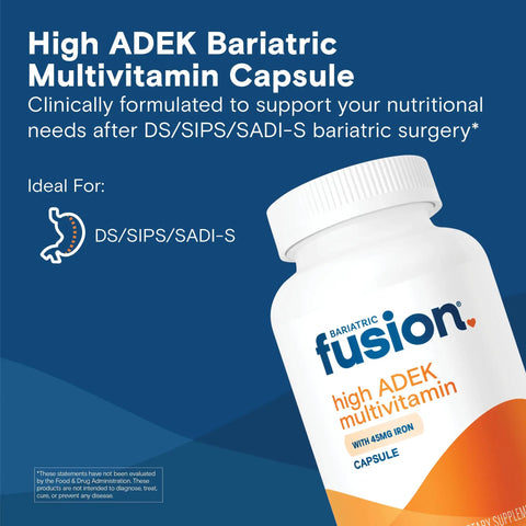 High ADEK Bariatric Multivitamin With Iron For Duodenal Switch Patients, No Fuss Easy To Swallow Capsule, 270 Caps, 3 Month Supply, ASMBS Approved Nutrition Support For Better Absorption And Daily Maintenance. bottle with 45 mg iron