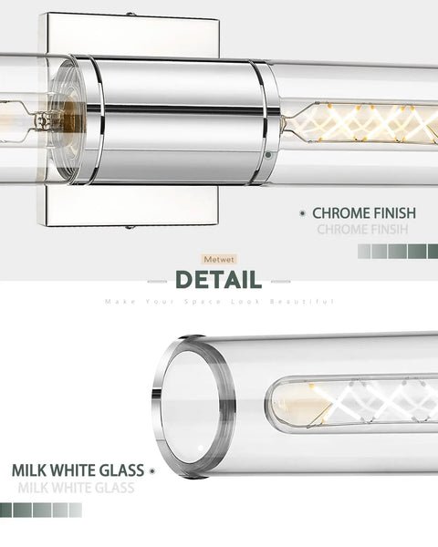 Close-up of chrome finish and milk white glass detail on Chrome Bathroom Vanity Light Fixtures With Clear Glass Sconces Two Light Chic Modern Up And Down Wall Mount Lamp For Bathroom Bedroom Hallway And Kitchen Modern
