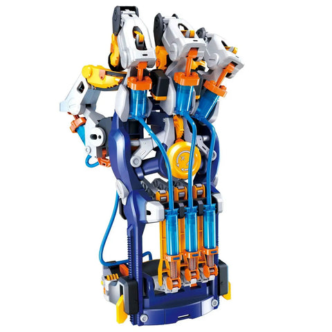 Ultra Dope Hands-On Hydraulic Cyborg Hand Kit For Stem Fans, Build A Wearable Mechanical Gripper Operated By Your Fingers Without Motors Or Batteries, Learn Pneumatic Systems, Features Adjustable Size Fit For Different Hands, showing assembled mechanical hand with visible blue tubes and orange connectors.