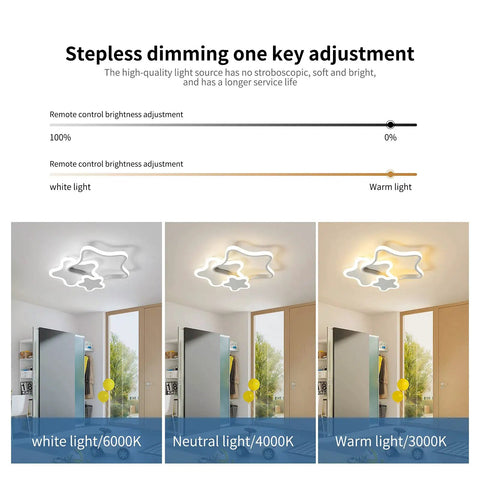 Demonstration of Dimmable LED Ceiling Light Star Shaped Cartoon Design Acrylic Chandelier With Remote showing different light settings.