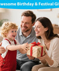 Child receiving a gift from parents, symbolizing an ideal gift for boys and girls 3 and up, related to 134 Piece Magnetic Building Tiles Set For Kids, Durable STEM Toys With Strong Magnets, Educational Construction Blocks For Group Play, Creative Building Kit, Ideal Gift For Boys And Girls 3 And Up.