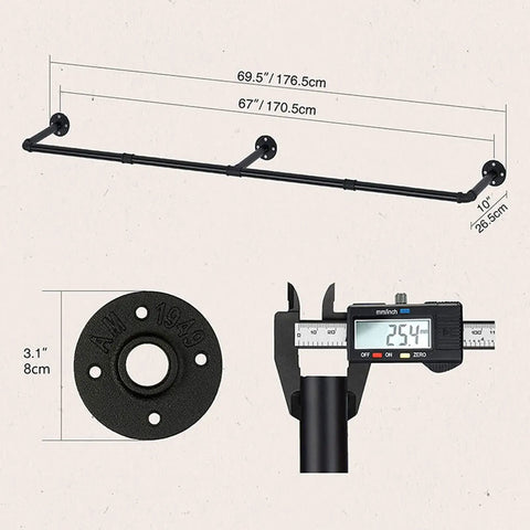 Heavy Duty Industrial Pipe Clothes Rack Wall Mounted With Double Pole Hanging Rod dimensions