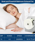 Replacement Bathroom Exhaust Fan Motor With Blower Wheel, 70 CFM, Quiet Yet Powerful, shown with peaceful sleeping woman.