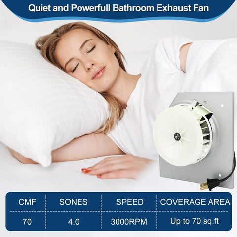 Replacement Bathroom Exhaust Fan Motor With Blower Wheel, 70 CFM, Quiet Yet Powerful, shown with peaceful sleeping woman.