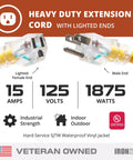 Focus keyword: Heavy Duty 10 Gauge Outdoor Extension Cord 10 Ft Two Pack Yellow SJTW Weatherproof 3 Prong 15 Amp seen with lighted ends.