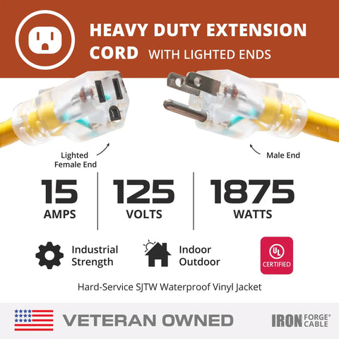 Tough As Nails Heavy Duty Outdoor Extension Cord 75 Ft 10 Gauge 15 Amp Yellow SJTW Weatherproof 3 Prong Power Cable lighted ends