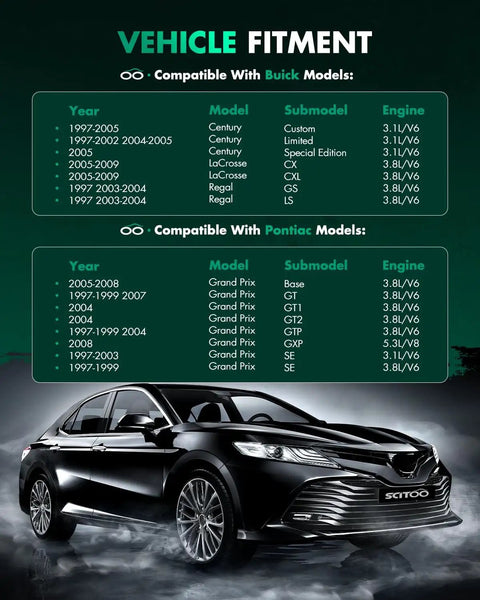 Vehicle fitment chart for 1997-2011 Buick and Pontiac models, compatible with OEM-grade power steering rack and pinion assembly.