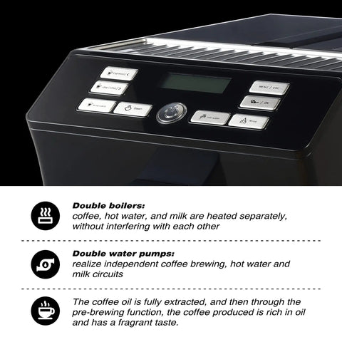 Skip The Line Top Tier Automatic Espresso Machine With Built In Bevel Gear Grinder And Fast Heating control panel with buttons and digital display.