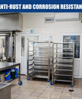 Straight Up 304 Grade Stainless Steel Casters 5 Inch Polyurethane Wheels Heavy Duty Set Of 4 Rated At 2200 Pounds Built Like A Tank For Commercial Kitchens And Labs With Swivel Brakes And Rigid Units, shown in a kitchen with shelves.