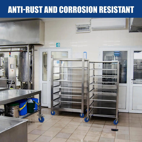 Straight Up 304 Grade Stainless Steel Casters 5 Inch Polyurethane Wheels Heavy Duty Set Of 4 Rated At 2200 Pounds Built Like A Tank For Commercial Kitchens And Labs With Swivel Brakes And Rigid Units, shown in a kitchen with shelves.