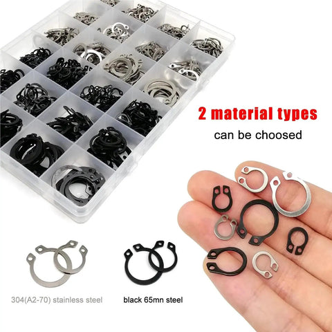 External Circlip Kit Set For Shafts 5 To 20 Mm C Type Retaining Rings for industrial and automotive use in black 65Mn and stainless steel.