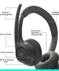 Zone 301 Wireless Bluetooth Headset With Noise Canceling Microphone For Calls And Meetings Works With Windows Mac Chrome OS Linux iOS iPadOS Android Graphite, showing padded headband and controls.