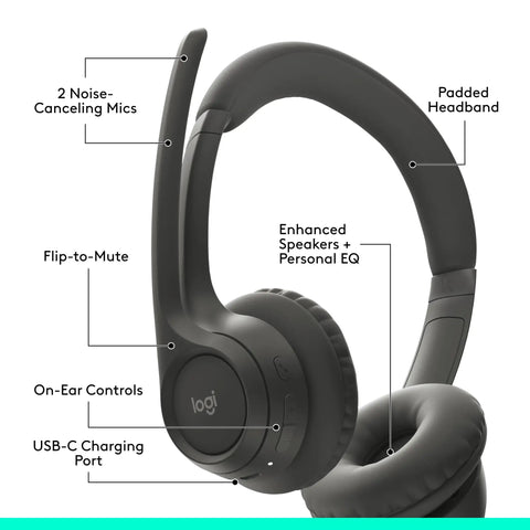 Zone 301 Wireless Bluetooth Headset With Noise Canceling Microphone For Calls And Meetings Works With Windows Mac Chrome OS Linux iOS iPadOS Android Graphite, showing padded headband and controls.