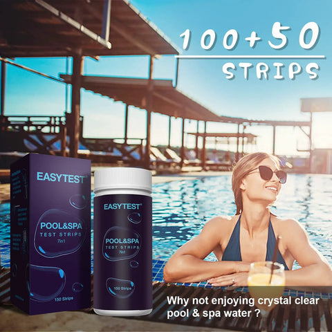 Affordable 7 Way Pool Test Strips Kit For Hot Tubs And Spas, 150 Strips Water Chemistry Test package next to a pool scene