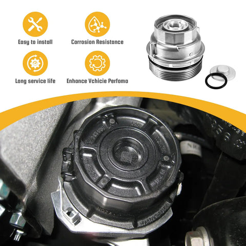 Toyota Oil Filter Housing Cap Assembly Kit With Oil Plug, Premium Aluminum Replacement, shown installed on vehicle engine