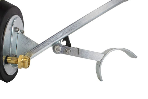 Close-up of 6 Inch Test Tee Mechanical Plug with Water Fill Feature showing metal arm and brass fitting for PVC Cast Iron DWV ABS Piping