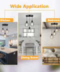 Farmhouse 3 Light Pendant Fixtures with adjustable cords in kitchen, dining room, and bedroom settings showcasing versatility.