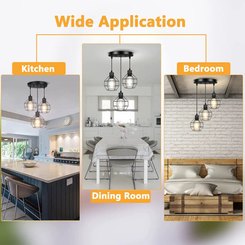Farmhouse 3 Light Pendant Fixtures with adjustable cords in kitchen, dining room, and bedroom settings showcasing versatility.