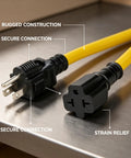 Heavy Duty 12 Awg Nema Four In One Adapter Cable Electrical Power Extension Cord With 15 Amp 125 Volt Plug, close-up of secure connections.