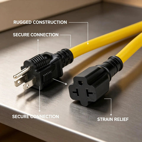 Heavy Duty 12 Awg Nema Four In One Adapter Cable Electrical Power Extension Cord With 15 Amp 125 Volt Plug, close-up of secure connections.