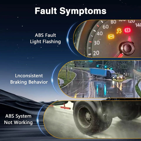 Fault symptoms of ABS lighting and braking issues in trucks, highlighting failures in ABS system performance.