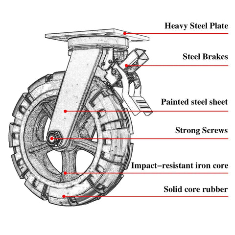 4 Pack Heavy Hitter Industrial Casters Featuring Dense Rubber Swivel Wheels Securely Mounted On Thick Steel Brackets for shop carts with detailed parts.