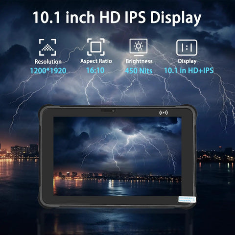 Tough As Nails Rugged Tablet With Integrated Barcode Scanner 10 Inch Android 15 featuring a 10.1 inch HD IPS display for warehouse use.