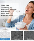Woman enjoying soft chewable nugget ice from a bowl, highlighting features of Quick Chill Countertop Nugget Ice Maker Churns Out Soft Chewable Pellet Ice In Eight Minutes With Solid Daily Capacity Perfect For Smooth Iced Coffee Fresh Cocktails And Laid Back Weekend Kickbacks.