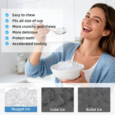 Woman enjoying soft chewable nugget ice from a bowl, highlighting features of Quick Chill Countertop Nugget Ice Maker Churns Out Soft Chewable Pellet Ice In Eight Minutes With Solid Daily Capacity Perfect For Smooth Iced Coffee Fresh Cocktails And Laid Back Weekend Kickbacks.