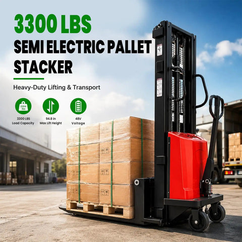 Super Heavy Duty Semi Electric Pallet Stacker With A Killer 3300 Pound Lift Capacity And Nine Foot Four Inch Vertical Reach near stacked pallets.