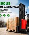 Top Rated Full Electric Pallet Stacker With Massive 3300 Lbs Capacity And 95 Inch Lift Height For Easy Forklift Jobs And Heavy Duty Warehouse Lifting Tasks Today, with stacked boxes.