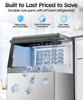 Heavy Duty Commercial Ice Maker Cranks Out 100 Lbs Crystal Clear Ice Daily, showing ice dispensing with durable stainless steel design.