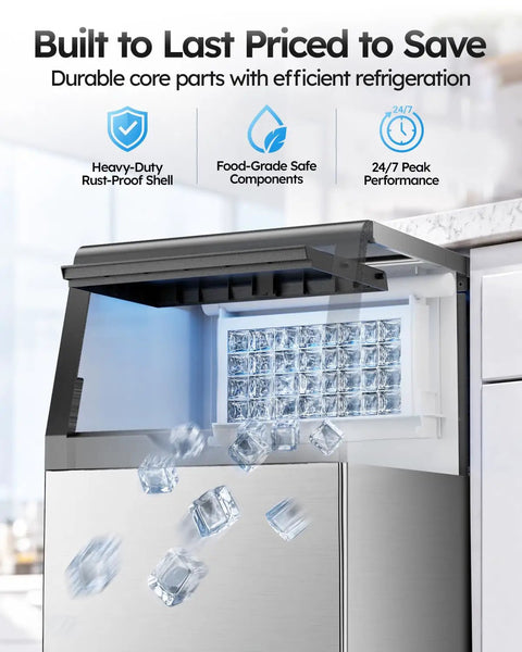Heavy Duty Commercial Ice Maker Cranks Out 100 Lbs Crystal Clear Ice Daily, showing ice dispensing with durable stainless steel design.