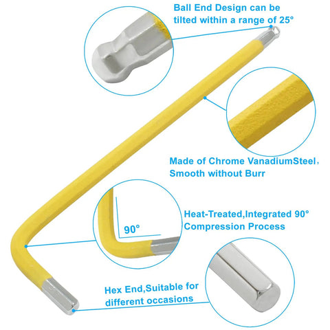 4mm Yellow Ball End Allen Wrench Set, 25 Degree Angled Metric Hex Keys, Pro Grade S2 Alloy Steel, 4 Piece Kit With Details
