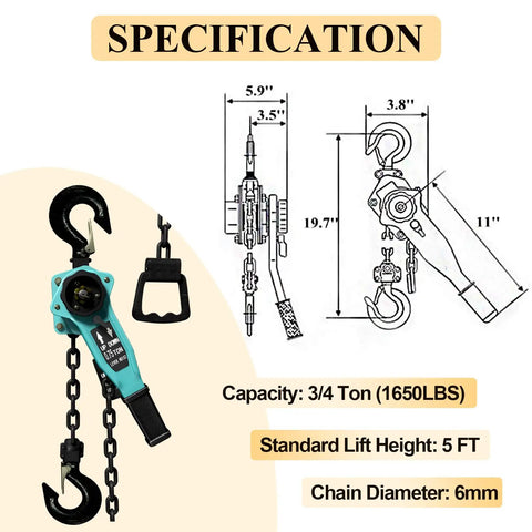 Diagram of Lever Chain Hoist 1650 Lbs Capacity 5 Ft Come Along with specifications and measurements shown.