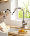 Top Shelf High Arc Kitchen Faucet With Pull Down Sprayer And Three Spray Settings Brushed Nickel single handle with 17-inch reach.