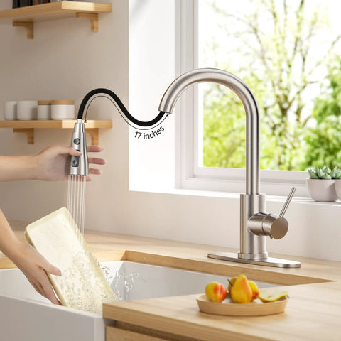 Top Shelf High Arc Kitchen Faucet With Pull Down Sprayer And Three Spray Settings Brushed Nickel single handle with 17-inch reach.