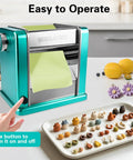 Heavy Duty Electric Polymer Clay Press Machine with Seven Adjustable Thickness Settings And Rust Resistant Stainless Steel Rollers for crafting jewelry projects.