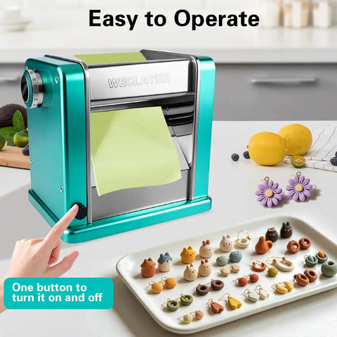Heavy Duty Electric Polymer Clay Press Machine with Seven Adjustable Thickness Settings And Rust Resistant Stainless Steel Rollers for crafting jewelry projects.