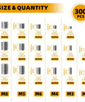 Size and quantity chart for 540 Piece Stainless Steel Pro Grade Set Screw Kit With Allen Hex Socket Grub Screws And Wrench All In One Includes M2 M3 M4 M5 M6 M8 For Door Handles Locks Electronics Bathroom Fixtures And DIY Projects