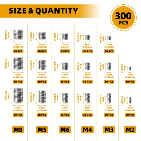 Size and quantity chart for 540 Piece Stainless Steel Pro Grade Set Screw Kit With Allen Hex Socket Grub Screws And Wrench All In One Includes M2 M3 M4 M5 M6 M8 For Door Handles Locks Electronics Bathroom Fixtures And DIY Projects