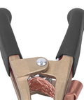 Heavy Duty Brass Welding Ground Clamp Rated For 500 Amps With Large 60mm Jaw Opening For Secure Earth Clip Hookups On Cars And Heavy Power Train Manufacturing Jobs You Can Count On Today, showing non-slip handle and copper wire.