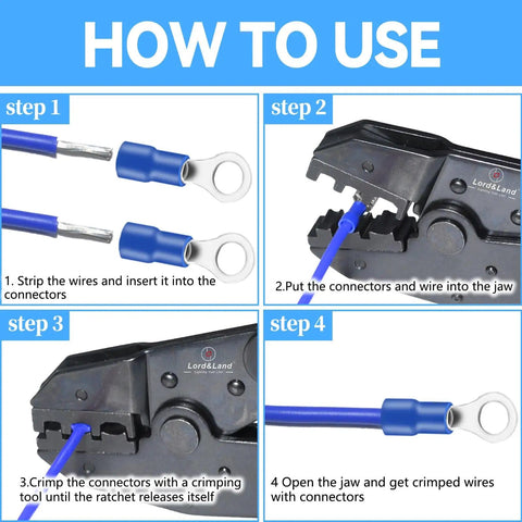 Pro Grade 150 Piece Electrical Terminal Kit With Insulated Quick Disconnects Butt And Bullet Terminals Spade Fork Ring Terminals Solderless Crimp Connectors 18 Types For DIY Wiring Auto Marine And Home Projects step-by-step usage guide for crimping connectors.