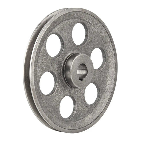 Heavy Duty Single Slot Cast Iron V Belt Pulley Tray for 90 To 280mm Motors showing smooth surface and holes for power transmission.