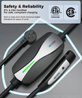 Portable Level 1 And 2 Tesla Charger With ETL Certification, NACS EV Charging Cable showing safety certifications and charging indicators.