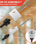 Maycraft hole saw kit with 11 metal blades, 2 arbors, 3 pilot bits, and hex wrench.