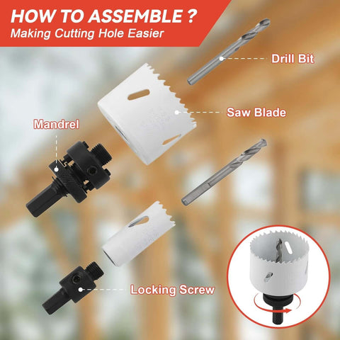 Maycraft hole saw kit with 11 metal blades, 2 arbors, 3 pilot bits, and hex wrench.